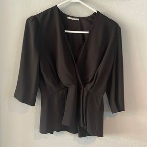 M.M. laFleur Black Pleated V Neck Faux Wrap Blouse size M